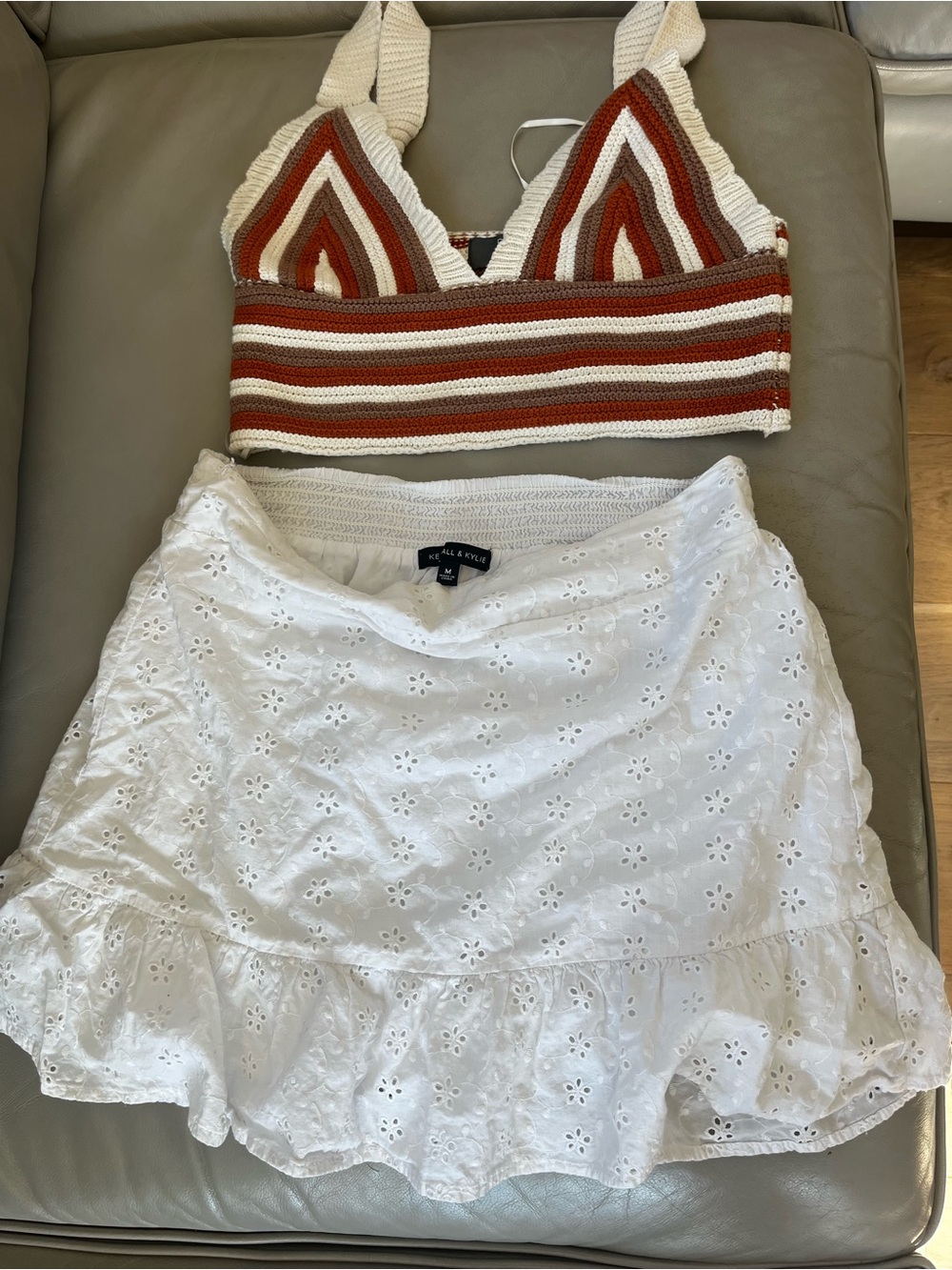 White Eyelet Ruffle Mini Skirt & crotchet top